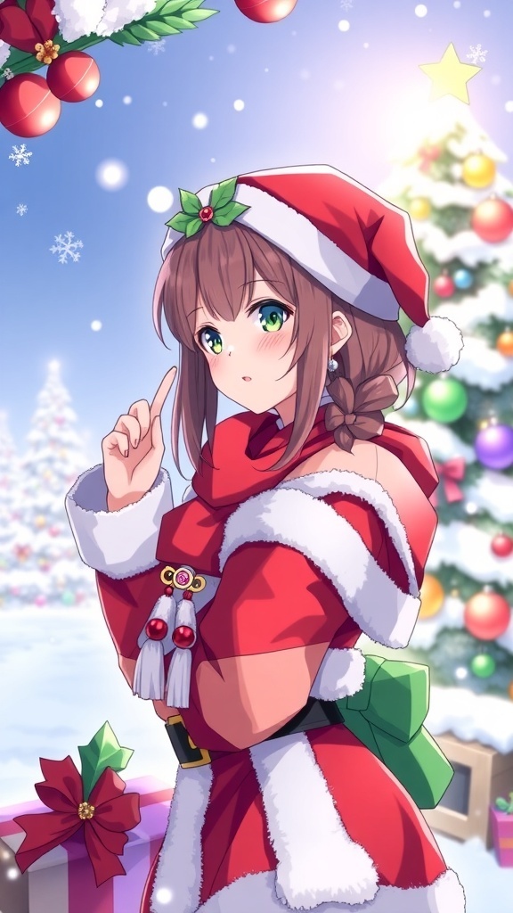 A character from Honkai Star Rail in a Santa outfit with Christmas decorations.